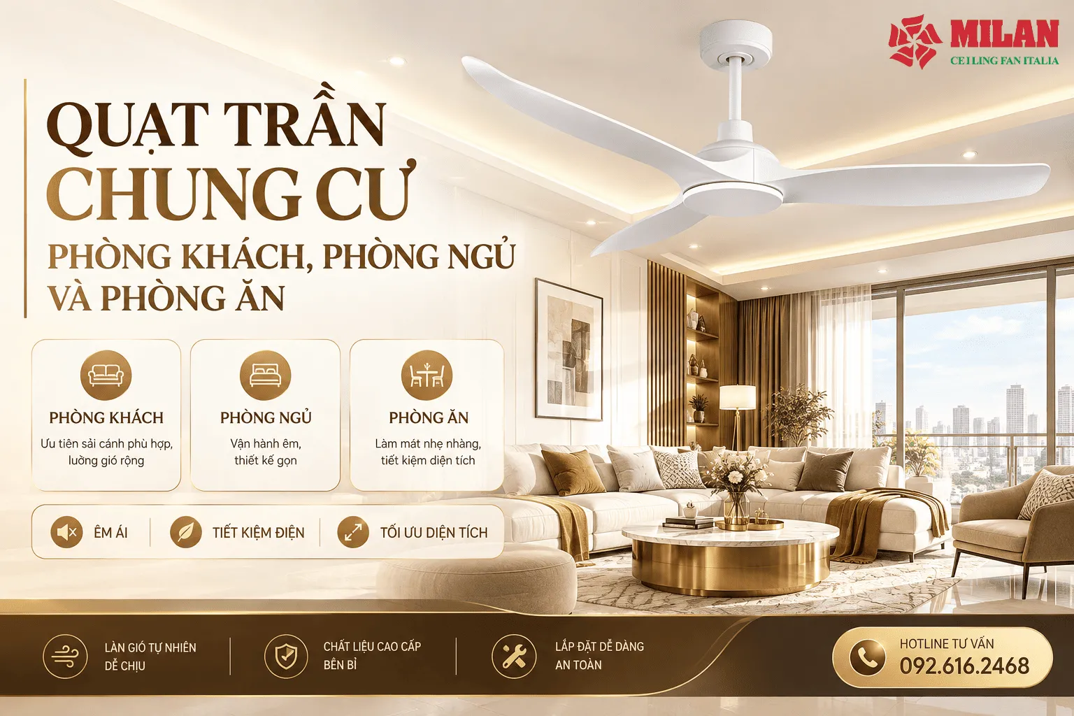 quạt trần chung cư theo không gian